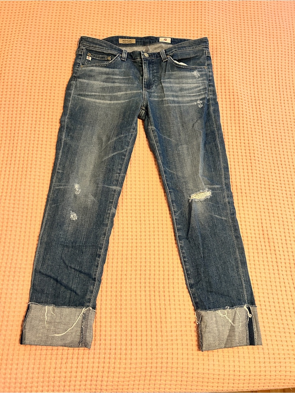 Ag Adriano Goldschmied Stevie Distressed Medium Blue Cuffed Jeans